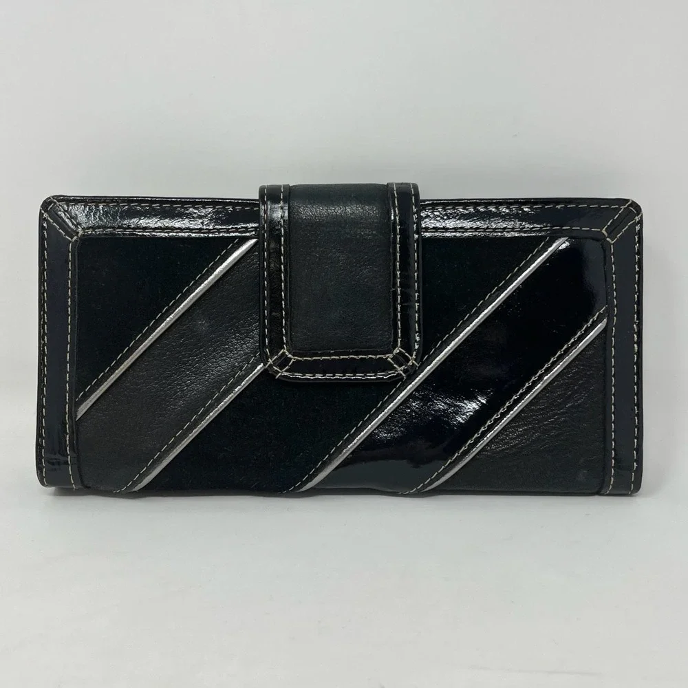 Vtg Fossil Black Diagonal Mixed Suede Patent Leather Bi‎ Fold Wallet Y2K Indie